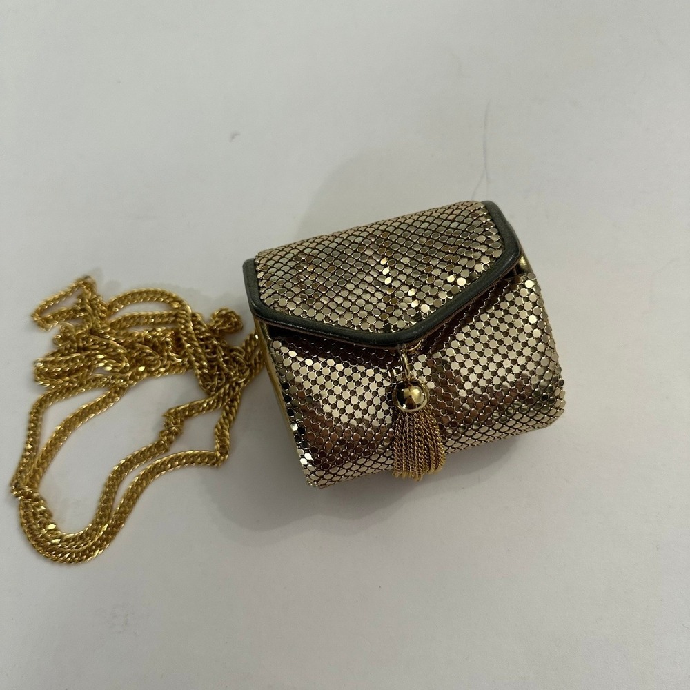 Whiting and Davis Gold Mesh Mini Crossbody Bag Tassel Evening Purse Metallic